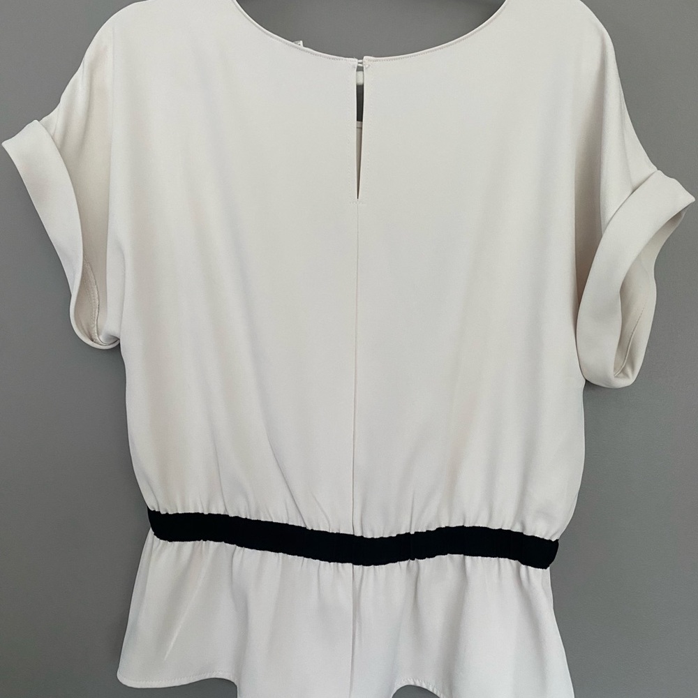 MELLODAY Cream Short Sleeve Peplum Top with Black Waistband